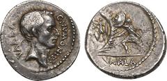 Ancient coins, ROMAN REPUBLIC C. Numonius Vaala. Silver Denarius (3.92 g), 41 BC. Rome. C NVMONIVS VAALA, bare head of Numonius Vaala right. Rev. VAALA in exergue, soldier advancing left, holding spea