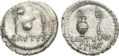 Ancient Coins, ROMAN IMPERATORIAL PERIOD Brutus. Silver Denarius (3.64 g), 42 BC. Military mint, probably at Smyrna. P. Lentulus Spinther, legate. BRVTVS below, simpulus between sacrificial axe and kn