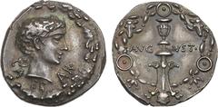 Ancient Coins, ROMAN EMPIRE Augustus. Silver Denarius (3.80 g), 27 BC-AD 14. Uncertain mint, ca. 17 BC. CA-ES-AR, bare head of Gaius Caesar (or Augustus?) right within oak wreath. Rev. AVG-VST across 