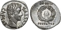 Ancient Coins, ROMAN EMPIRE Augustus. Silver Denarius (3.47 g), 27 BC-AD 14. Tarraco(?), ca. 19 BC. CAESAR AVGVSTVS, bare head of Augustus right. Rev. OB CIVIS above, SERVATOS below, oak wreath with t
