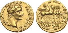 Ancient Coins, ROMAN EMPIRE Tiberius. Gold Aureus (7.95 g), AD 14-37. Lugdunum, AD 14/5. TI CAESAR DIVI AVG F AVGVSTVS, laureate head of Tiberius right. Rev. TR POT XVI IMP VII, the emperor in slow qu