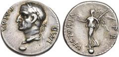 Ancient Coins, ROMAN EMPIRE Galba. Silver Denarius (3.59 g), AD 68-69. Tarraco(?), AD 68. IMP GALBA, laureate head of Galba left, globe at point of bust. Rev. VICTROIA P R, Victory standing left on gl