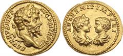 Ancient Coins, ROMAN EMPIRE Septimius Severus, with Caracalla and Geta, as Caesar. Gold Aureus (7.53 g), AD 193-211. Rome, AD 201. SEVERVS PIVS AVG P M TR P VIIII, laureate head of Septimius Severus r