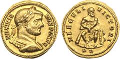 Ancient Coins, ROMAN EMPIRE Maximianus. Gold Aureus (5.57 g), first reign, AD 286-305. Treveri, AD 293/4. MAXIMIA-NVS P F AVG, laureate and cuirassed bust of Maximianus right. Rev. HERCVLI VICTORI, He