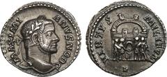 Ancient Coins, ROMAN EMPIRE Galerius. Silver Argenteus (3.04 g), as Caesar, AD 293-305. Treveri, ca. AD 295-297. MAXIMI-ANVS NOB C, laureate head of Galerius right. Rev. VIRTVS MILITVM, the four tetra