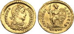 Ancient Coins, ROMAN EMPIRE Theodosius I. Gold Solidus (4.40 g), AD 379-395. Constantinople, AD 383. D N THEODO-SIVS P F AVG, diademed, draped and cuirassed bust of Theodosius I right. Rev. CONCORDI-A