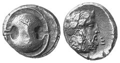 GREEK COINS BOEOTIA No.: 80 Estimation: $ 1500 d=24 mm THEBES. Stater, about 440-380. AR 11.99 g. Boeotian shield. Rev. Q-E Bearded head of Dionysos r., crowned with ivy. BMC 74, 58. SNG Lockett 1743.