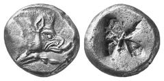 GREEK COINS LYCIA No.: 108 Estimation: $ 900 d=21 mm DYNASTIC COINAGE. Unknown Dynasts. Stater, about 480-450. AR 9.08 g. Forepart of boar r. Rev. Incuse square, subdivided in several divisions. SNG v