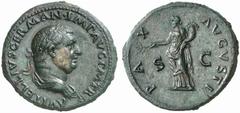 ROMAN COINS ROMAN EMPIRE VITELLIUS, 69 No.: 276 Estimate: $ 18500 d=34 mm Sestertius. AE 25.34 g. A VITELLIVS GERMAN. IMP AVG P M TR P Laureate, draped bust r. Rev. PAX - AVGVSTI / S-C Pax, wearing lo