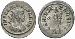ROMAN COINS ROMAN EMPIRE CARINUS, 283-285 No.: 340 Estimate: $ 70 d=24 mm Antoninianus. AR 4.05 g. IMP CARINVS P F AVG Radiate, cuirassed bust r. Rev. GENIVS E-XERCITI / IAA (sic!) Genius, nude but fo