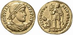 ROMAN COINS ROMAN EMPIRE JOVIANUS, 363-364 No.: 366 Estimate: $ 1800 d=21 mm Solidus, Sirmium. AV 4.46 g. DN IOVIAN-VS P F AVG Diademed, draped and cuirassed bust r. Rev. SECVRITAS - REI PVBLICE / SIR