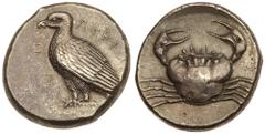 Sicily, Akragas. Silver Tetradrachm (17.39 g), ca. 465/4-446 BC. AKRAC-ANTOΣ (N and Σ retrograde), sea eagle with folded folded standing left. rev. Crab within circular incuse. Lee grp. I; Randazzo 12