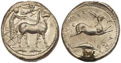 Sicily, Messana. Silver Tetradrachm (17.44 g), ca. 420-413 BC. The nymph Messana, holding kentron and reins, driving slow biga of mules right; above, Nike flying right, crowning mules with diadem; in 