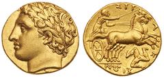 Sicily, Syracuse. Agathokles. Gold 50 Litrai (4.31 g), 317-289 BC. Issued Ca. 317-311/0 BC. Laureate head of Apollo left. rev. ΣYP-A-K[O]-ΣIΩN, Charioteer, holding kentron and reins, driving galloping