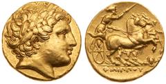 Macedonian Kingdom. Philip II, 359-336 BC. Gold Stater (8.55 g). Lampsakos, under Philip III Arrhidaios, 323-317 BC. Laureate head of Apollo right. rev. ΦIΛIΠΠOY in exergue, charioteer, holding kentro