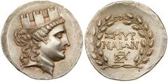 Ionia, Smyrna. Silver Tetradrachm (16.68 g), ca. 155-145 BC. Posidonios, magistrate. Turreted head of Tyche right. rev. ZMYP/NAIΩN in two lines above magistrate's monogram; all within wreath. Milne 14