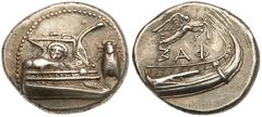 Lycia, Phaselis. Silver Stater (10.40 g), 4th century BC. Prow of galley right, side decorated with facing gorgoneion; in right field, cicada. rev. ΦAΣ (retrograde), stern of galley right; above, Nike
