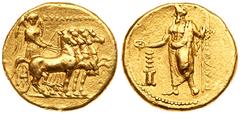Cyrenaica, Cyrene. Ophellas, Ptolemaic Governor. Gold Stater (8.61 g), first reign, ca. 322-313 BC. Polianthes, magistrate. KYPANAION, Nike, holding kentron and reins, driving slow quadriga right. rev