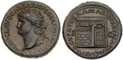 Nero. Æ Sestertius (26.09 g), AD 54-68. Lugdunum, ca. AD 65. NERO CLAVD CAESAR AVG GER P M TR P IMP P P, laureate head of Nero left, globe at point of neck. rev. PACE P R TERRA MARIQ PARTA IANVM CLVSI
