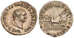 Titus. Silver Denarius (3.48 g), AD 79-81. Rome, AD 80. IMP TITVS CAES VESPASIAN AVG P M, laureate head of Titus right. rev. TR P VIIII IMP XIIII COS VII P P, slow quadriga left, drawing garlanded car