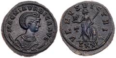 Magnia Urbica. Æ Antoninianus (5.10 g), Augusta, AD 283-285. Ticinum. MAGNIA VRBICA AVG, diademed and draped bust of Magnia Urbica right, resting on a crescent. rev. VENVS VICTRIX, Venus standing faci