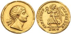 Constantius II, A.D. 337-361. Gold Solidus (4.37 g). Mint of Ticinum, struck as Caesar, A.D. 326. Diademed head facing right, gazing upwards. rev. CONSTANT-IVS CAESAR, Victory advancing left, holding 