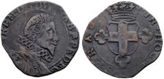 Italian States: Savoy. Carlo Emanuele I (1580-1639), billon 2 Florini, undated. Type VI. Bust in collar right, rev. crowned cross, 5.3g (Mir 650, plate coin in Mir and unprice, rated R9, three or less