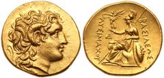 Ancient Greek Coins Thracian Kingdom. Lysimachos. Gold Stater (8.38 g), as King, 306-281 BC. Uncertain mint, early posthumous issue, after 281 BC. Diademed head of deified Alexander right, with horn o