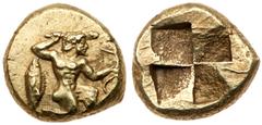 Ancient Greek Coins Mysia, Kyzikos. Electrum Hekte (2.71 g), ca. 500-450 BC. Herakles in kneeling-running stance right, holding club overhead and bow; to left, tunny. Rev. Quadripartite incuse square.