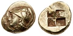 Ancient Greek Coins Ionia, Phokaia. Electrum Hekte (2.50 g), ca. 387-326 BC. Head of Athena to left, wearing crested Corinthian helmet decorated with serpent; below, [seal left]. Reverse: Quadripartit