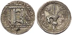 Ancient Judea Judaea, Bar Kokhba Revolt. Silver Sela (14.43 g), 132-135 CE. Year 2 (133/4 CE). 'Simon' (Paleo-Hebrew), tetrastyle façade of the Temple of Jerusalem; show bread table or Ark of the Cove