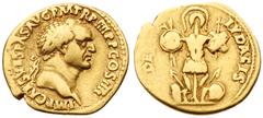Ancient Judea Vespasian. Gold Aureus (6.98 g), AD 69-79. Judaea Capta type. Lugdunum, AD 72. MP CAES VESPAS AVG P M TR P IIII P P COS IIII, laureate head of Vespasian right. Rev. DE IVDAEIS, trophy. C