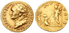 Ancient Judea Vespasian. Gold Aureus (7.36 g), AD 69-79. Judaea Capta Issue. Antioch, AD 72/3. IMP VESPAS AVG P M TRI P P P COS IIII, laureate head of Vespasian left. Rev. PAX AVG-VSTI, Vespasian nude