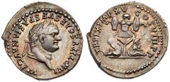 Ancient Judea Titus. Silver Denarius (3.21 g), AD 79-81. Rome, AD 80. IMP TITVS CAES VESPASIAN AVG P M, laureate head of Titus right. Rev. TR P IX IMP XV COS VIII P P, trophy flanked by Judaea, on lef