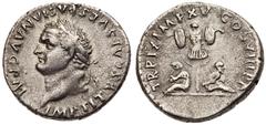 Ancient Judea Titus. Silver Denarius (3.37 g), AD 79-81. Rome, AD 79. IMP TITVS CAES VESPASIAN AVG P M, laureate head of Titus left. Rev. TR P IX IMP XV COS VIII P P, trophy flanked by Judaea, on left