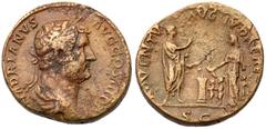 Ancient Judea Hadrian. Æ As (13.18 g), AD 117-138. Rome, AD 134-138. HADRIANVS AVG COS III P P, laureate and draped bust of Hadrian right. Rev. ADVENTV-I AVG IV]DAEAE, S C in exergue, emperor standing