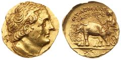 City Coins of Israel Ptolemy I Soter, 323-283 BC. Gold Stater (7.04g). Struck at Euhesperis, ca. 305-283 BC. Diademed bust of Ptolemy I r., wearing aegis around neck. Reverse: ΠTOΛEMAIOY / BAΣIΛEΩΣ, A