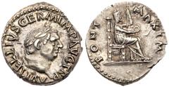 Roman Imperial Coinage Vitellius. Silver Denarius (3.49 g), AD 69. Rome. A VITELLIVS GERM IMP AVG TR P, laureate head of Vitellius right. Rev. PONT MAXIM, Vesta, veiled, seated on throne right, holdin