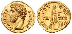 Roman Imperial Coinage Aelius. Gold Aureus (7.14 g), Caesar, AD 136-138. Rome, under Hadrian, AD 137. L AELIVS CAESAR, bare head of Aelius left. Rev. TRIB POT COS II, PIE-TAS across field, Pietas stan