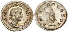 Roman Imperial Coinage Gordian I. Silver Denarius (2.94 g, 6h), AD 238. Mint of Rome. IMP M ANT GORDIANVS AFR AVG, laureate and draped bust facing right. Rev. P M TR P COS P P, Gordian standing left, 
