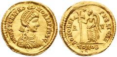 Roman Imperial Coinage Justa Gratia Honoria (sister of Valentinian III). Gold Solidus (4.47 g, 12h). Mint of Ravenna, c. A.D. 430-5. D N IVST GRAT HO-NORIA P F AVG, bust of Honoria facing right, weari