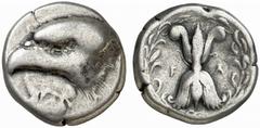 GREEK COINS ELIS No.: 99 Estimate: $ 5500 d=23 mm OLYMPIA. Stater, about 410-400 BC. AR 11.93 g. Head of eagle l., below, leaf of white poplar. Rev. Thick, winged thunderbolt between F-A, whole in oli