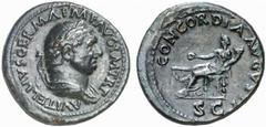ROMAN COINS ROMAN EMPIRE VITELLIUS, 69. No.: 261 Estimate: $ 1600 d=29 mm Dupondius. AE 13.65 g. A VITELLIVS GERMA IMP AVG P M TR P Laureate, draped bust r. Rev. CONCORDIA AVGVSTI / SC Concordia, drap