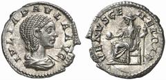 ROMAN COINS ROMAN EMPIRE JULIA PAULA, his first wife, 219-220. No.: 347 Estimate: $ 350 d=19 mm Denarius. AR 3.18 g. Similar to previous. Rev. VENVS GE-NETRIX Venus, wearing long dress, seated l. on t
