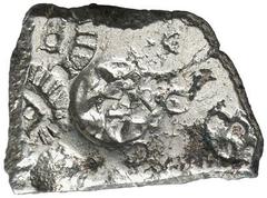 INDIAN COINS ANCIENT No.: 556 Estimate: $ 500 d=18 mm Double-Karshapana. AR 6.62 g. Central star-shaped mark with two additional elephant and bull marks. Attributed to Ayodhya Janapada by Rajgor. See 