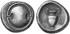 ANCIENT COINS GREEK COINS BOEOTIA THEBES No.: 138 Estimation: $ 400.- d=22 mm Stater, about 379-338. AR 11.91 g. Boeotian shield. Rev. KA-BI Crater with decorated shoulders. BMC 83, 150. SNG Copenhage