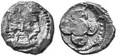 ANCIENT COINS GREEK COINS SAMARIA No.: 180 Estimation: $ 1300.- d=19 mm Obol, about 372-333. AR 0.79 g. Bearded triple head, full face, profile l. and profile r. Rev. Five coins piled on each other, o