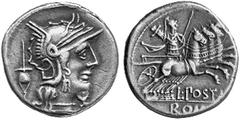 ANCIENT COINS ROMAN COINS ROMAN REPUBLIC No.: 255 Estimation: $ 125.- d=19 mm L. Postumius Albinus. Denarius, 131. AR 3.82 g. Head of Roma with winged helmet r.; behind, apex; under chin, mark of valu