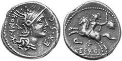ANCIENT COINS ROMAN COINS ROMAN REPUBLIC No.: 275 Estimation: $ 120.- d=18 mm M. Sergius Silus. Denarius, 116-115. AR 3.83 g. ROMA - EX. S.C Head of Roma with winged helmet; in field l., mark of value