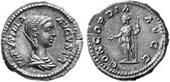 ANCIENT COINS ROMAN COINS IMPERIAL COINAGE PLAUTILLA, his wife, 202-212 No.: 717 Estimation: $ 250.- d=19 mm Denarius, about 202-205. AR 3.16 g. PLAVTILLA - AVGVSTA Draped bust r. Rev. CONCORDIA - AVG